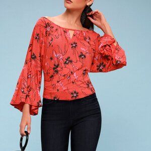 Free People Last Time Orange Print Surplice Bell Sleeve Crop Top XS